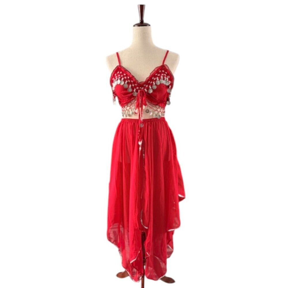 Belly Dance Costume Top Silver Coins Sequence Skirt Suit Set Size S/M Halloween - Picture 2 of 14